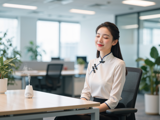 专业女性情感咨询师工作场景，穿着职业装坐在办公桌前，面带温和微笑，桌上摆放着心理学相关书籍，营造专业温馨的咨询环境